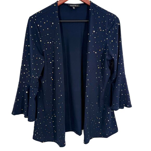 Slinky Brand Sz Medium Super Stretchy Gold Navy Blue Blouse Shirt Top Christmas - Picture 1 of 7
